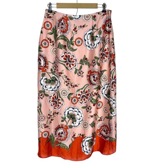 Ann Taylor Floral Drape Midi Skirt sz 8 Orange Peach Faux Wrap Satin Pencil Pink - Picture 3 of 13